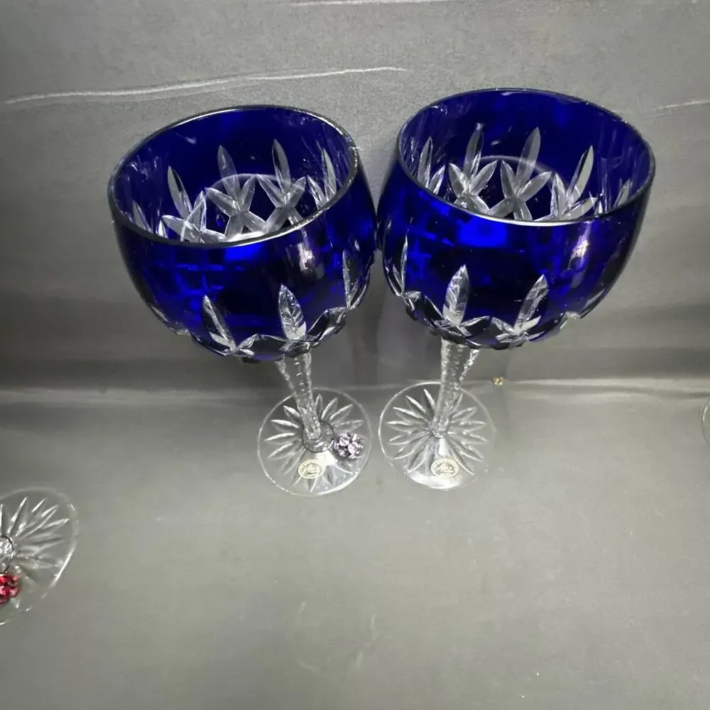 8 Ajka Crystal Cobalt Blue, Red,Green,Purple Cut-to-Clear Hock Wine Glass